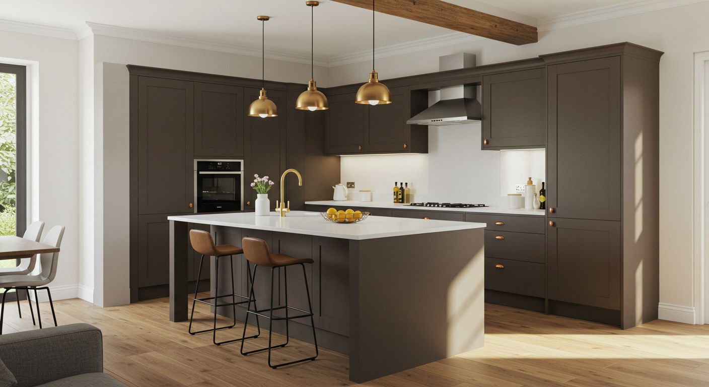 Угловая кухня с островом, открытая планировка