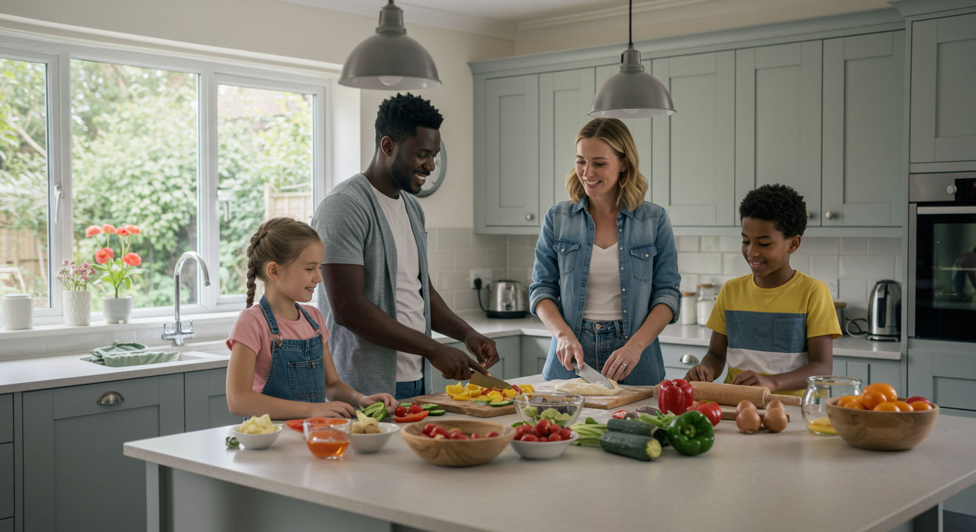 Семья готовит на угловой кухне