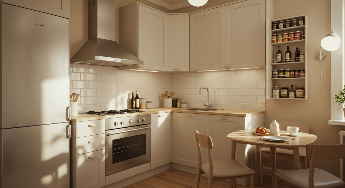 Маленькая угловая кухня, умная планировка