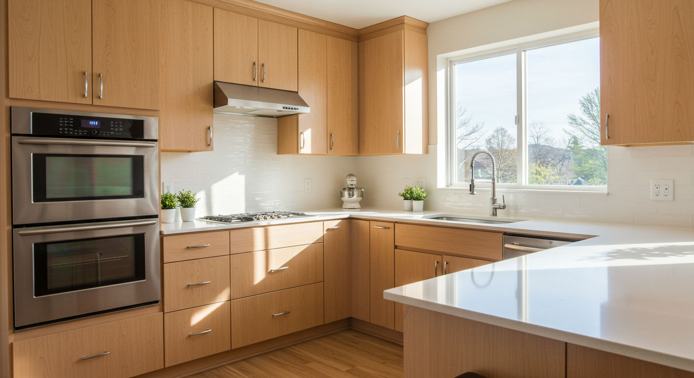 Современная угловая кухня, светлый дизайн.