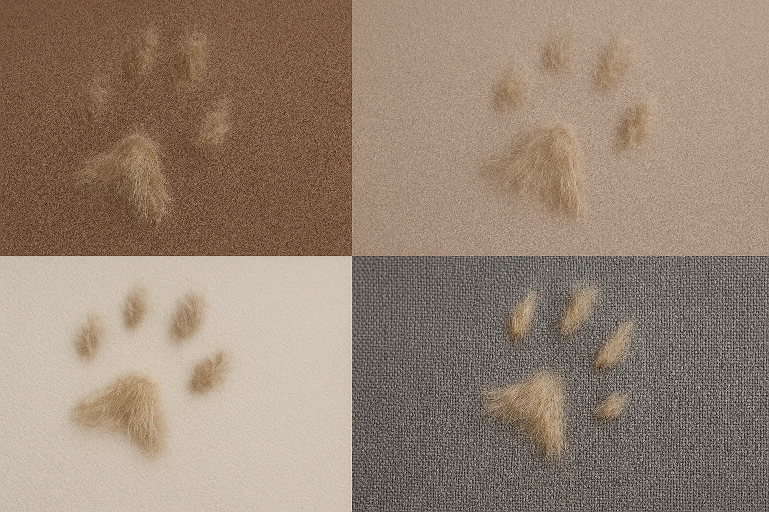 Коллаж из обивочных материалов: микрофибра, флок, экокожа и полиэстер с видимой текстурой и следами шерсти