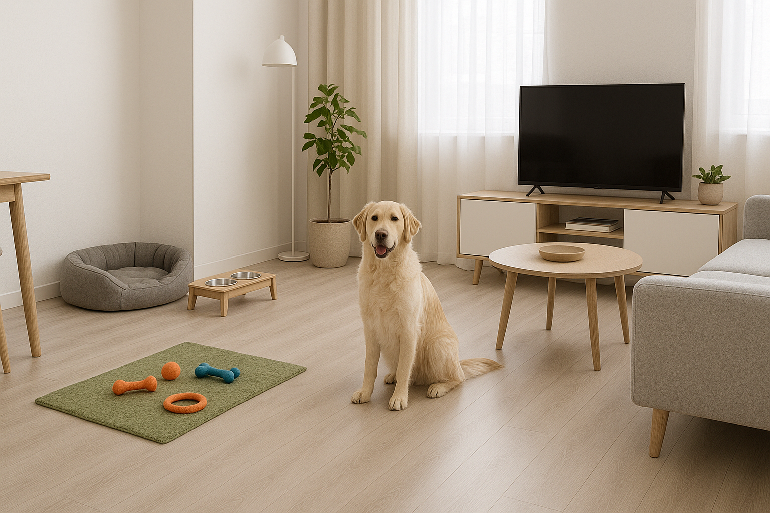 Интерьер квартиры с выделенной зоной для собаки: лежанка, миски и игрушки в отдельной части комнаты