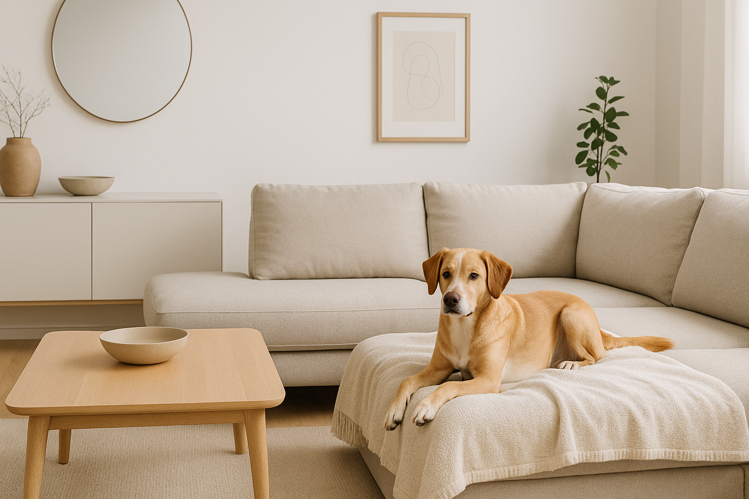 Скандинавская гостиная с мягким диваном и собакой, лежащей на пледе у окна