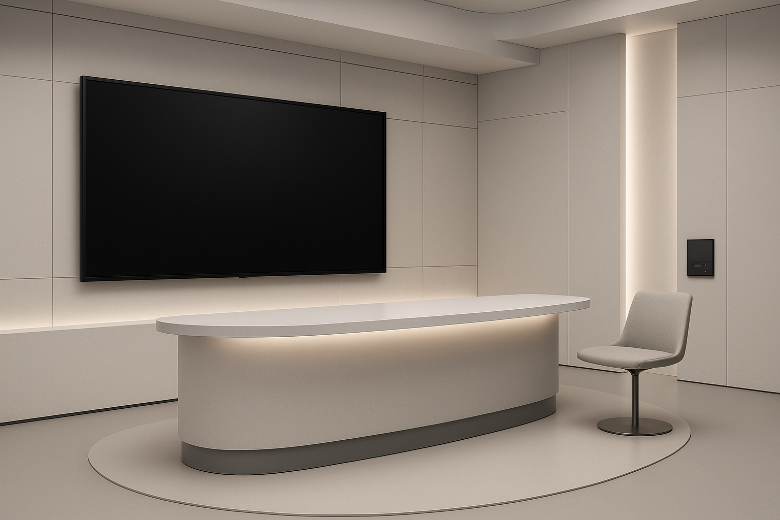 Минималистичный дизайн телевизионной студии с интегрированными технологиями