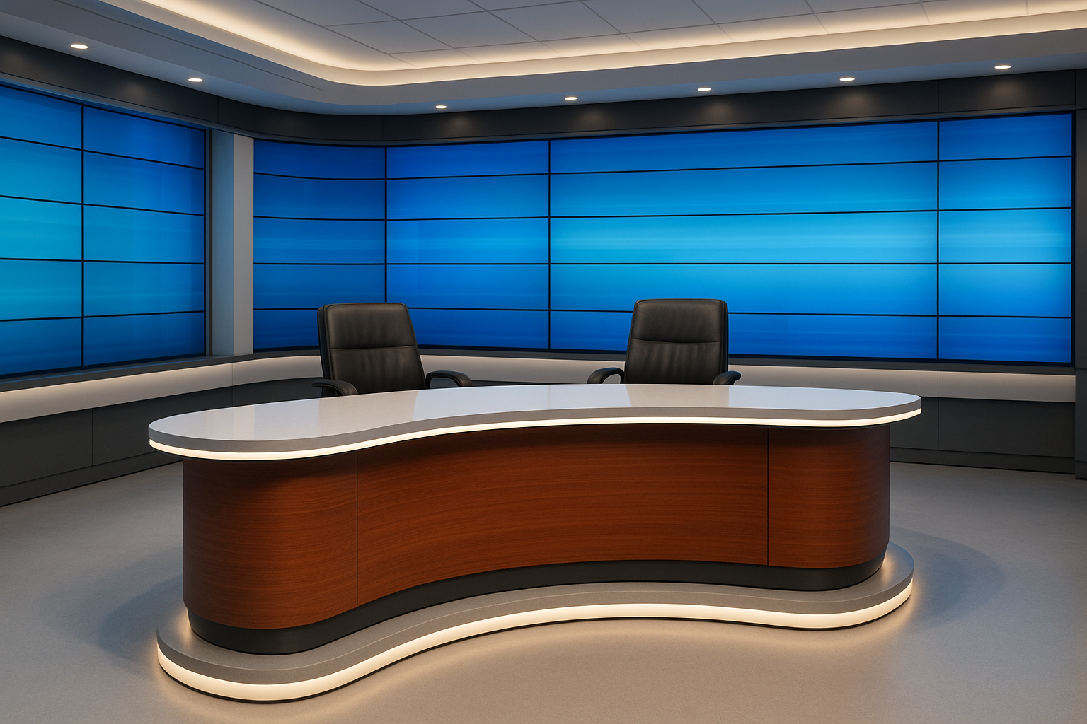 Современная новостная студия с профессиональной мебелью и LED-панелями