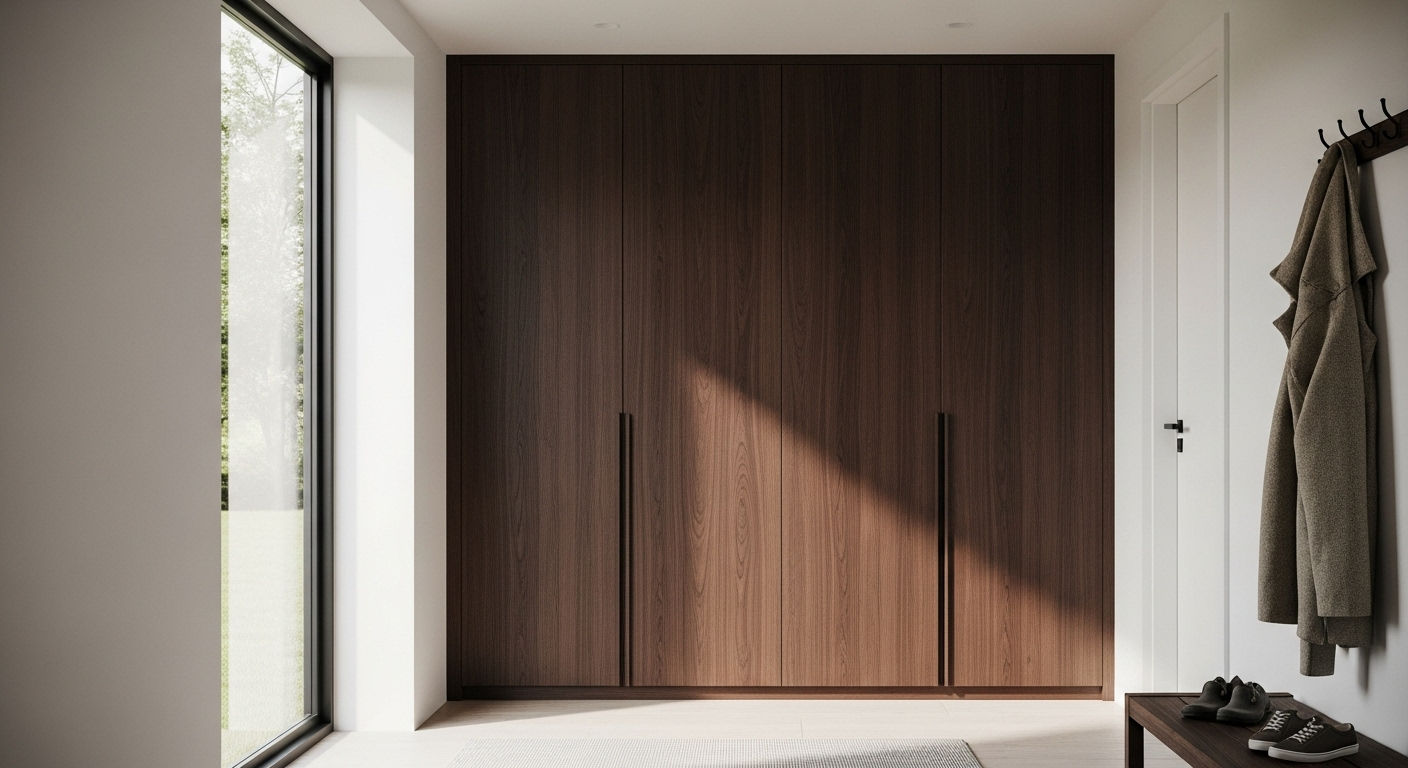 Стильный шкаф, где стена с декоративной штукатуркой является фоном