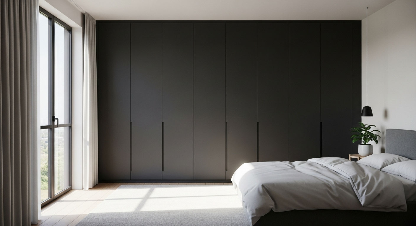 Серый шкаф в цвет дверей и плинтуса на фоне тсветлого пола.