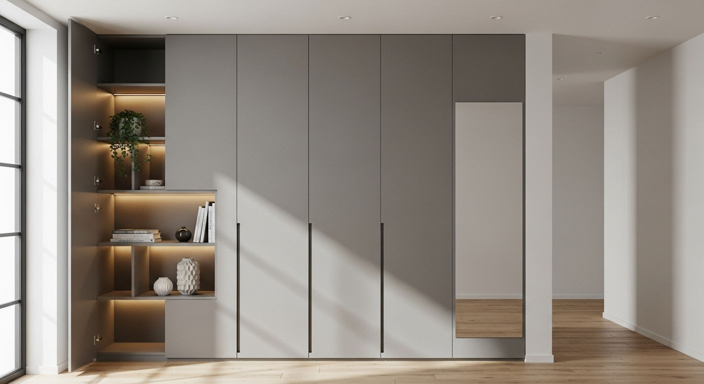 Сравнение глянцевого и матового фасадов шкафа в одном интерьере.