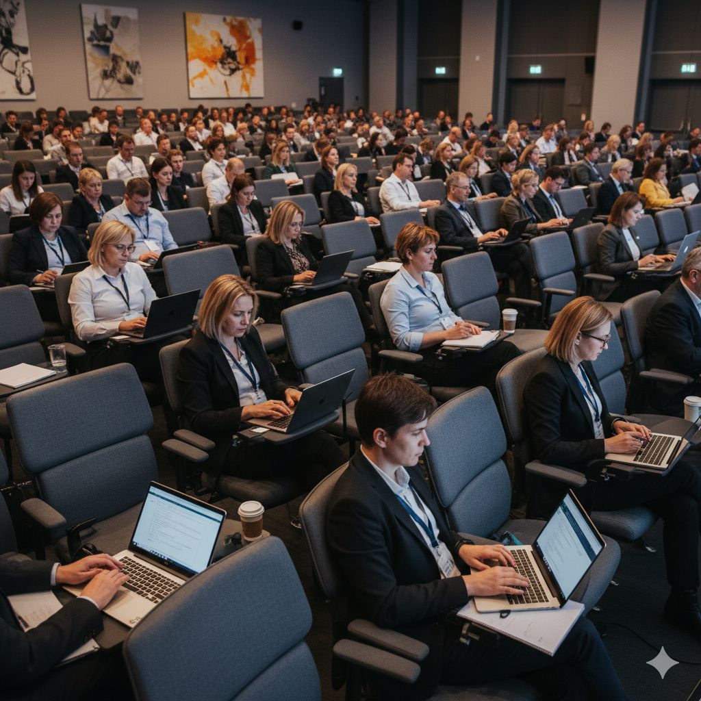 Журналисты, комфортно работающие в зале на эргономичных стульях.