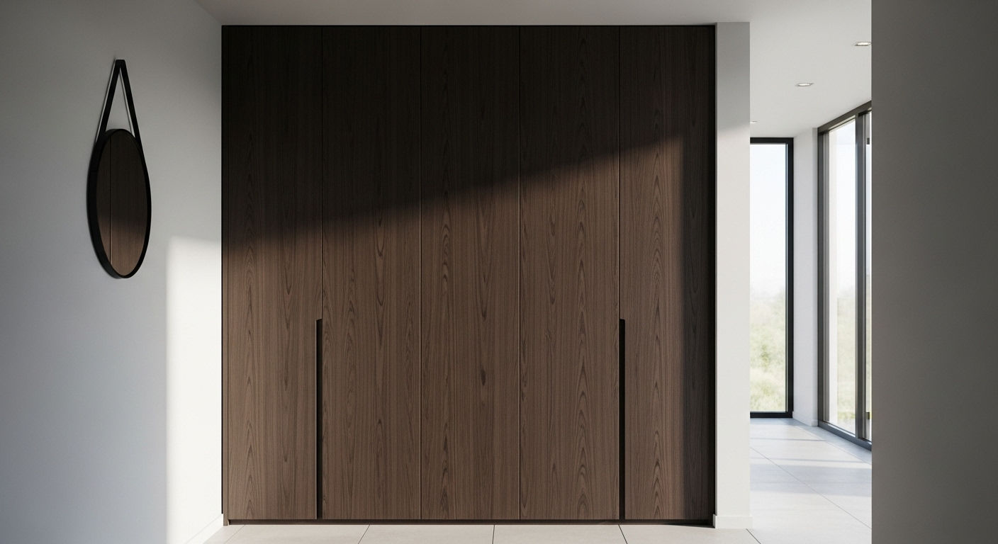 Светлый встроенный шкаф до потолка в интерьере небольшой спальни