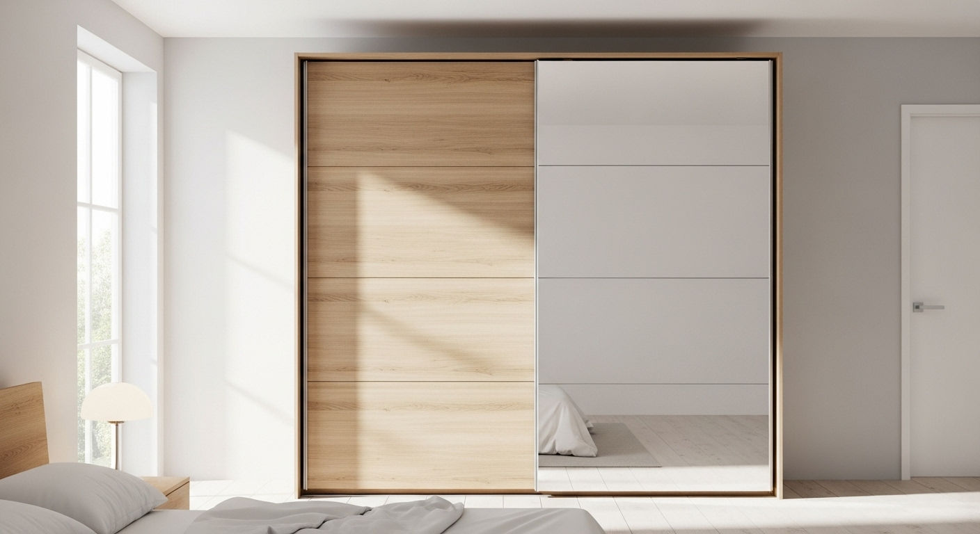 Светло-деревянный шкаф-купе с зеркалами минималистичной спальне