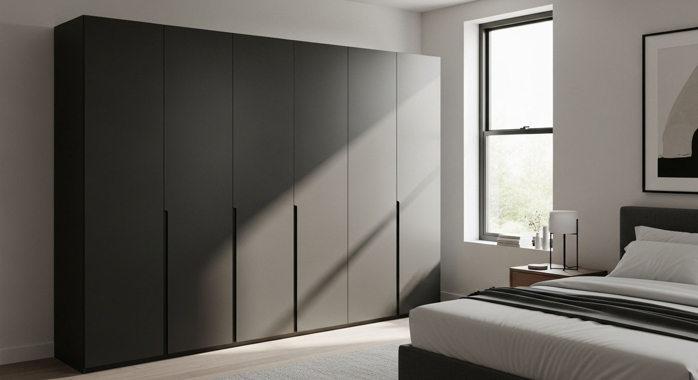 Элегантный тёмно-серый распашной шкаф в уютной гостиной комнате