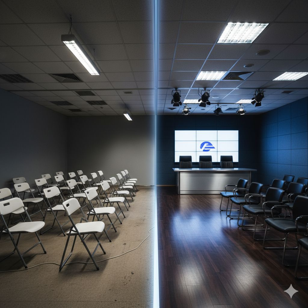 Сравнение зала пресс-конференции до и после подбора имиджевой мебели.