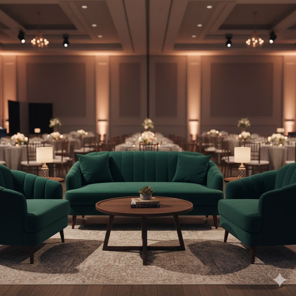 Пример стильной лаунж-зоны с арендованными диванами и креслами