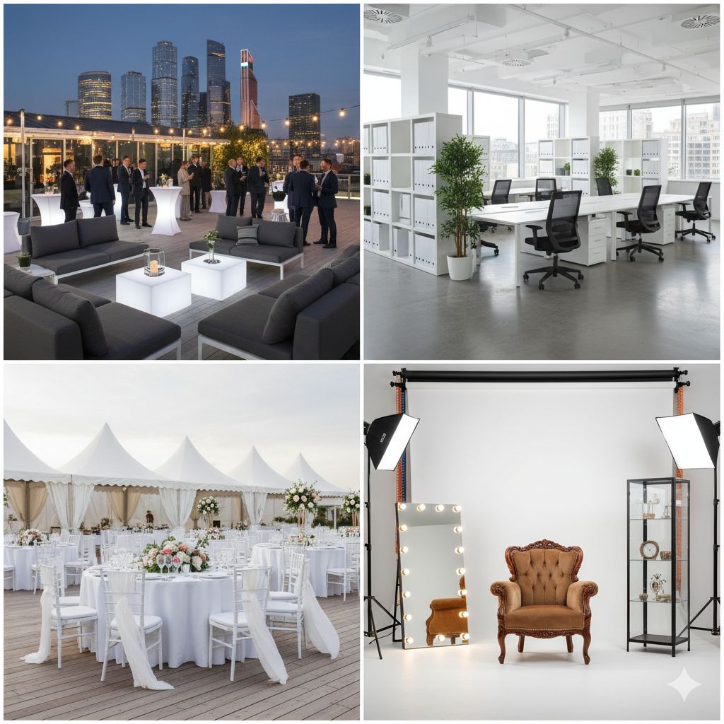 Разнообразные виды мебели для аренды в Москве: коллаж из офиса, банкетной зоны, фотостудии и лаунж-зоны.