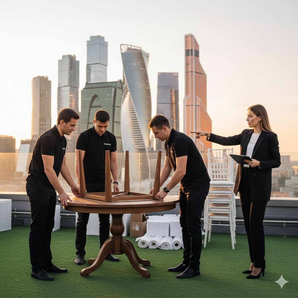 Профессиональная команда по аренде мебели собирает стол на мероприятии на фоне Москва-Сити.