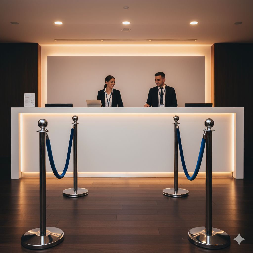 Стойка регистрации с брендированием и мебелью для зонирования на входе в пресс-центр.