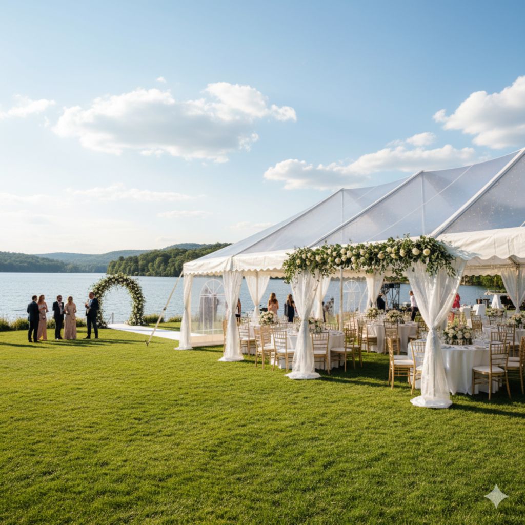Аренда белоснежного шатра у озера для выездного мероприятия на природе