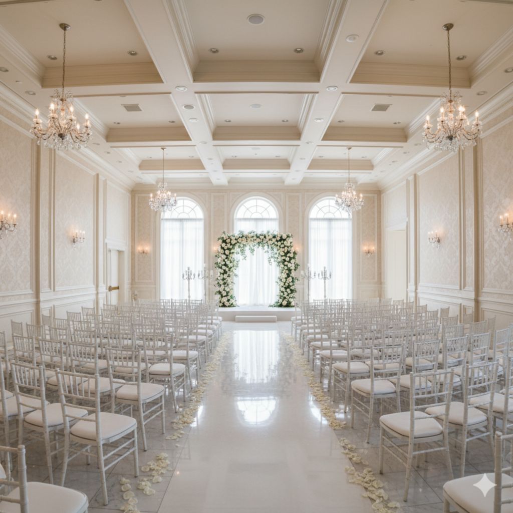 Элегантный зал с арендованными стульями Кьявари для свадебной церемонии с декором из белых лент и цветов