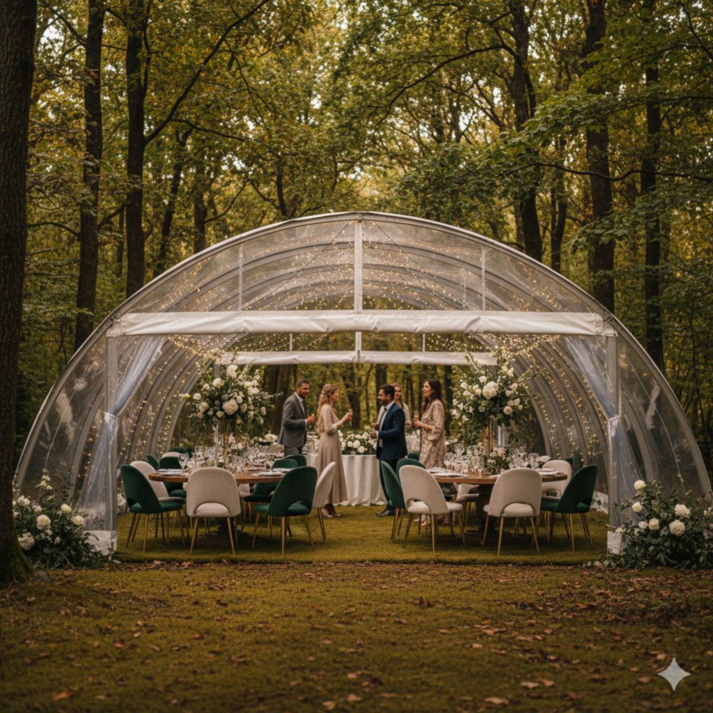 Красивый арочный шатер с прозрачными стенками установленный в лесу