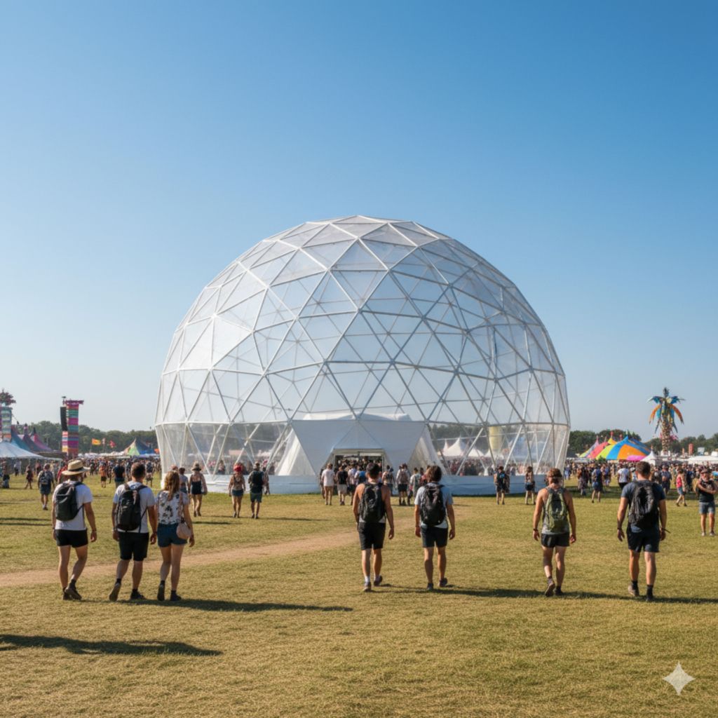 Большой геодезический купольный шатер для фестиваля на открытом воздухе