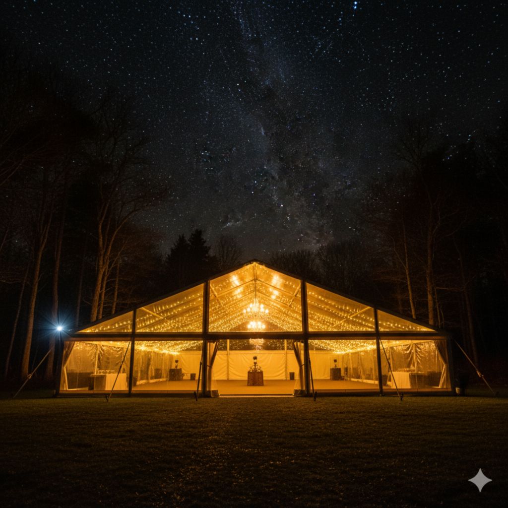 Атмосферная ночная подсветка шатра во время мероприятия