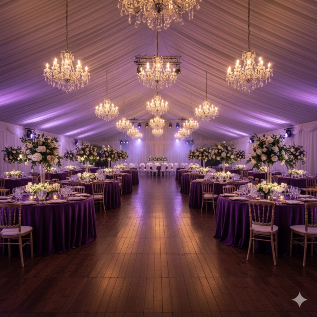 Роскошное внутреннее оформление шатра с профессиональным светом и декором