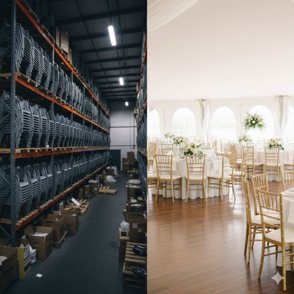 Элегантный зал с арендованными стульями Кьявари для свадебной церемонии с декором из белых лент и цветов