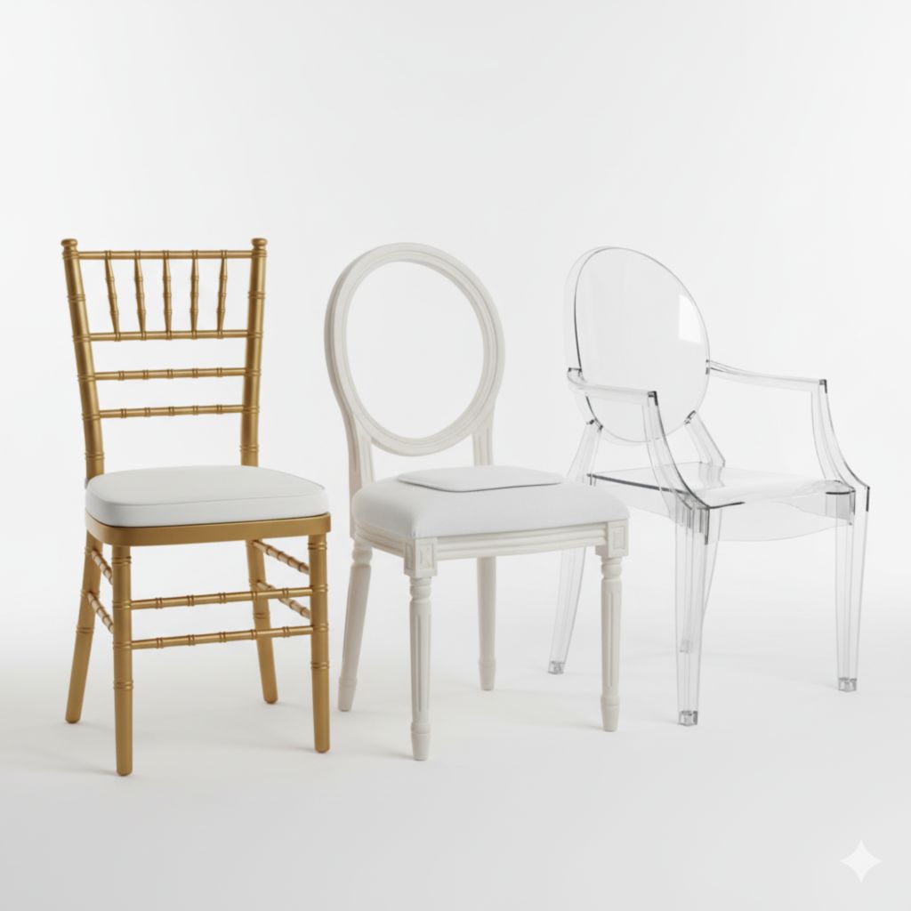 Элегантный зал с арендованными стульями Кьявари для свадебной церемонии с декором из белых лент и цветов