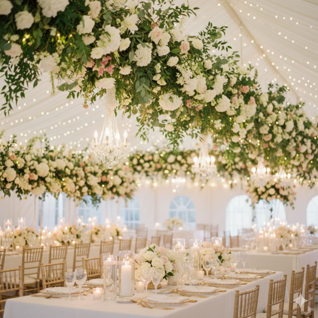 Свадебная сервировка столов и рассадка гостей внутри светлого шатра