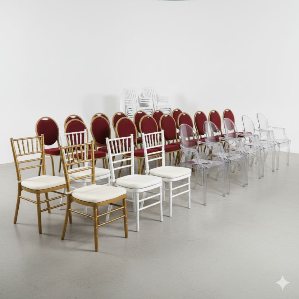 Элегантный зал с арендованными стульями Кьявари для свадебной церемонии с декором из белых лент и цветов