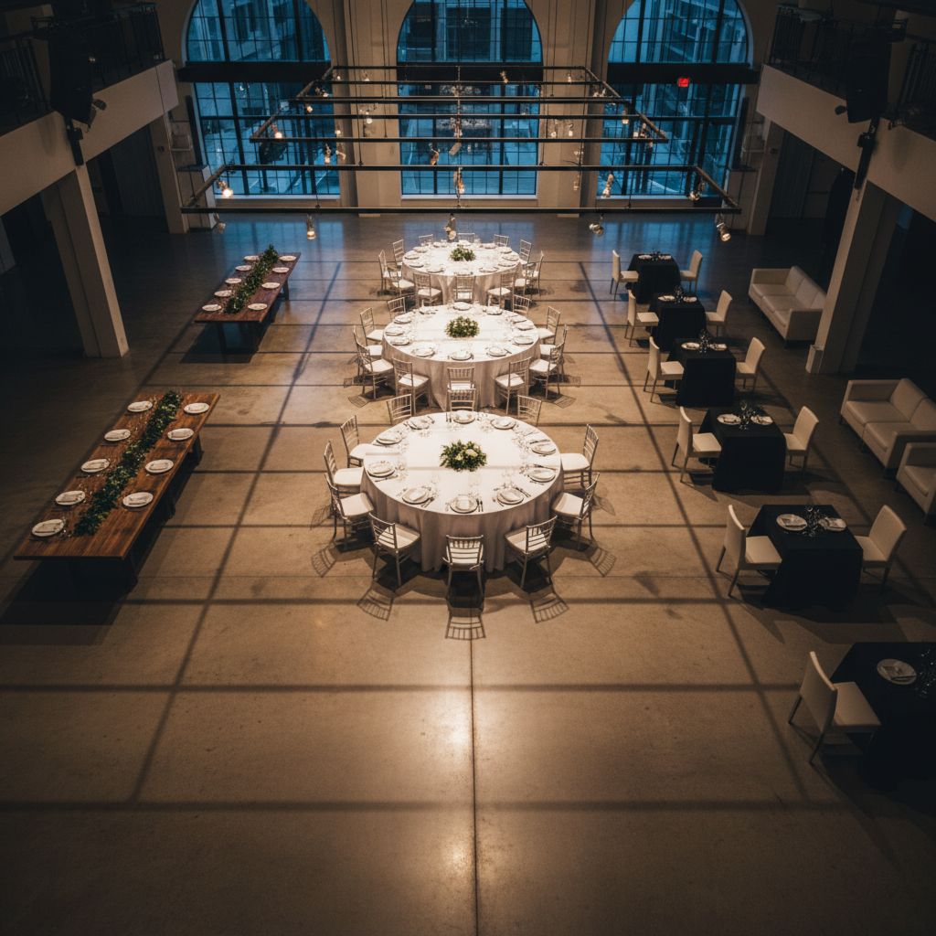 Ответы на часто задаваемые вопросы по аренде столов для мероприятий на фоне стильно оформленного зала.