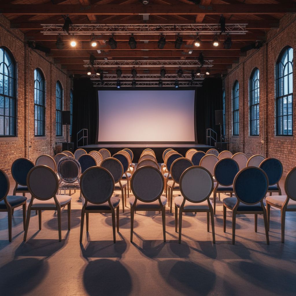 Ряды элегантных белых стульев, подготовленных в аренду для проведения выездной свадебной церемонии на открытом воздухе.