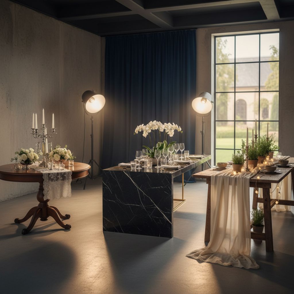 Элегантная сервировка круглых банкетных столов для мероприятия, демонстрирующая правильный выбор мебели для создания торжественной атмосферы.