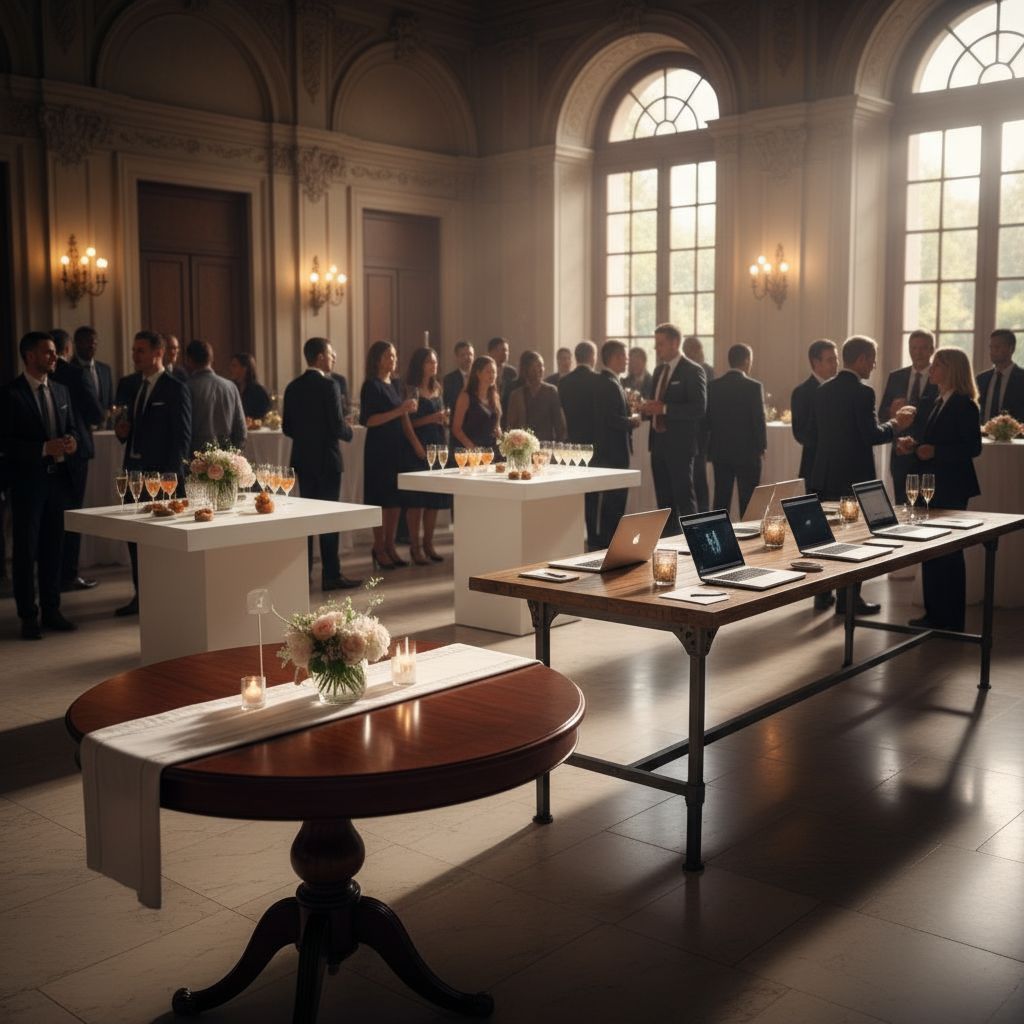 Элегантно накрытые круглые столы для банкета в светлом зале — наглядный пример удобства аренды мебели для мероприятий в Москве.