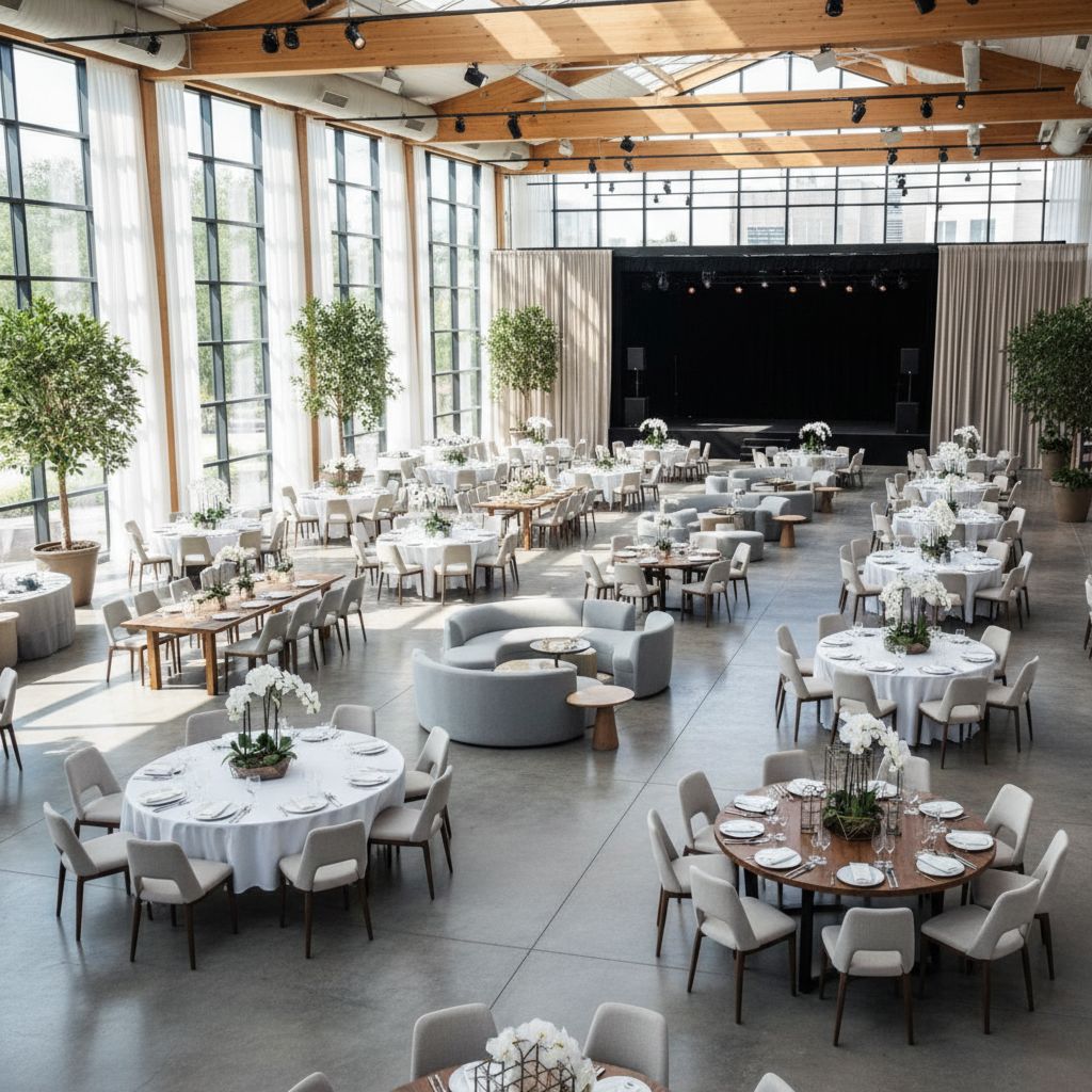 Красиво сервированные круглые банкетные столы на мероприятии, демонстрирующие как аренда столов помогает создать идеальную атмосферу.