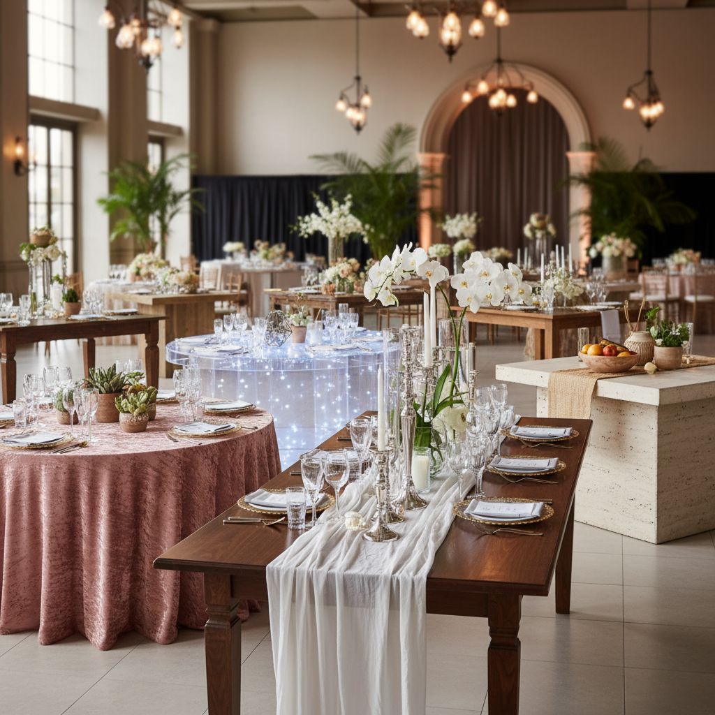 Разнообразие банкетных и фуршетных столов, доступных для аренды на мероприятие в Москве.