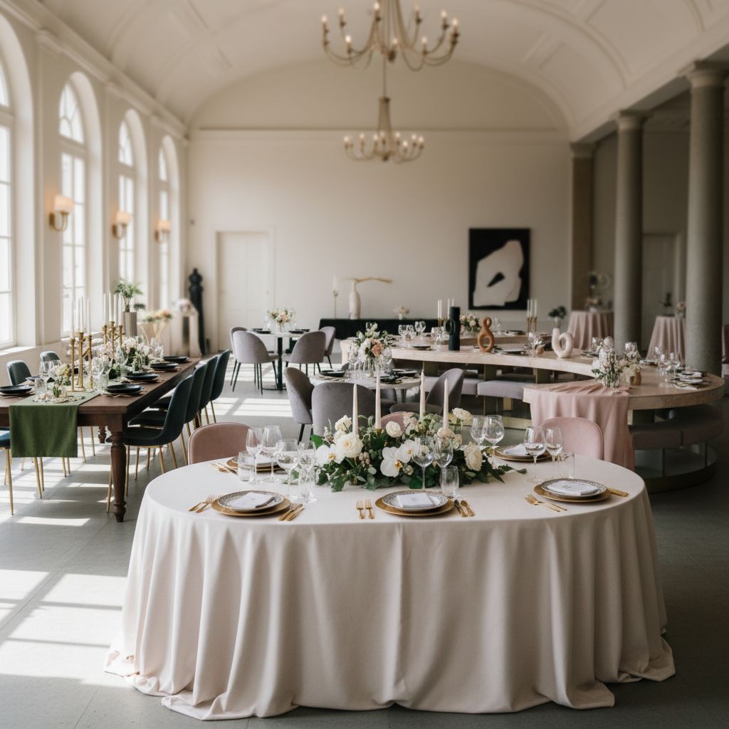 Разнообразные виды столов для мероприятий в аренду: от круглых банкетных до высоких фуршетных в интерьере зала.