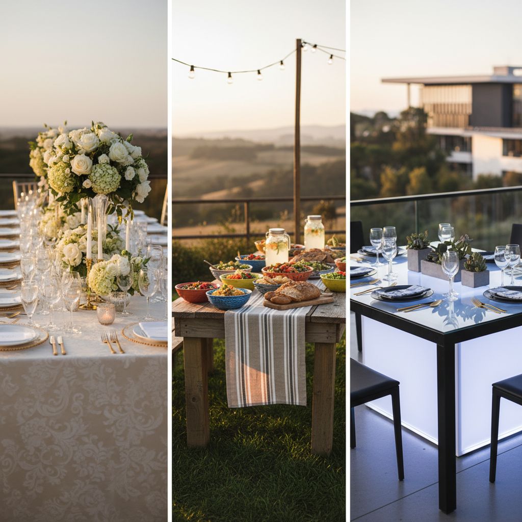 Разнообразные виды столов для аренды, элегантно сервированные для проведения крупного мероприятия или банкета.