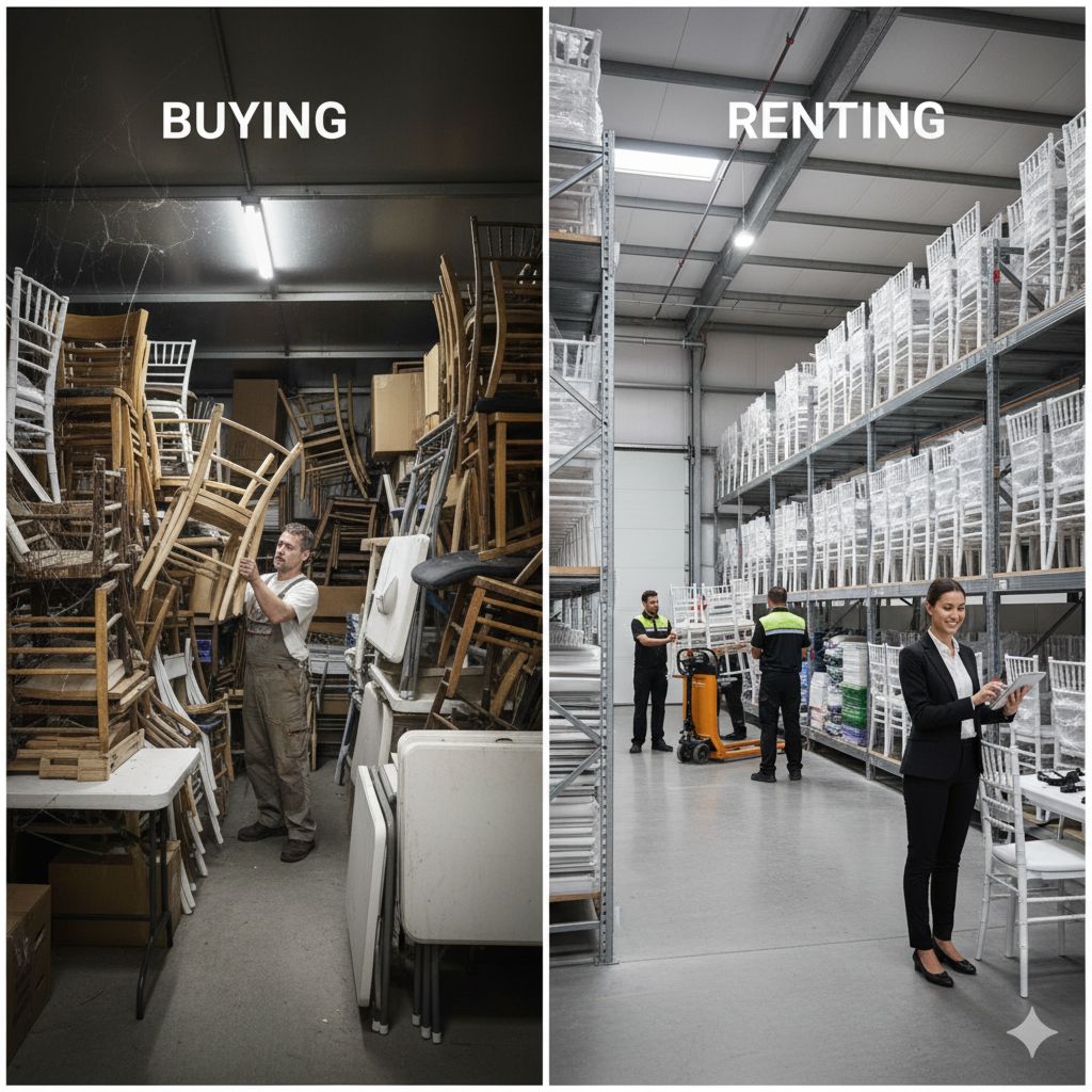 Сравнение: Аренда столов (гибкость и чистый склад) против Покупки (затраты на хранение и износ).