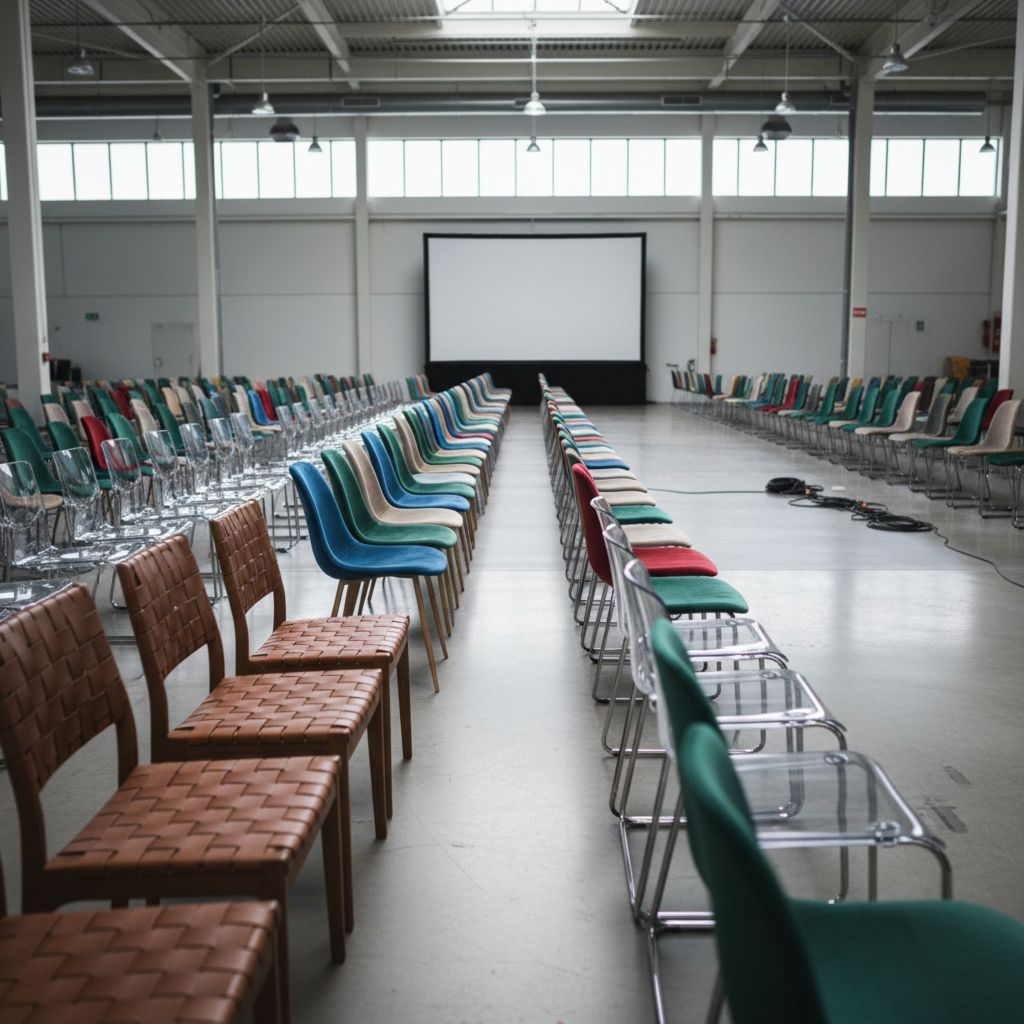 Ряды разнообразных элегантных стульев, подготовленных для аренды на мероприятие, демонстрирующие удобство и выбор услуги.