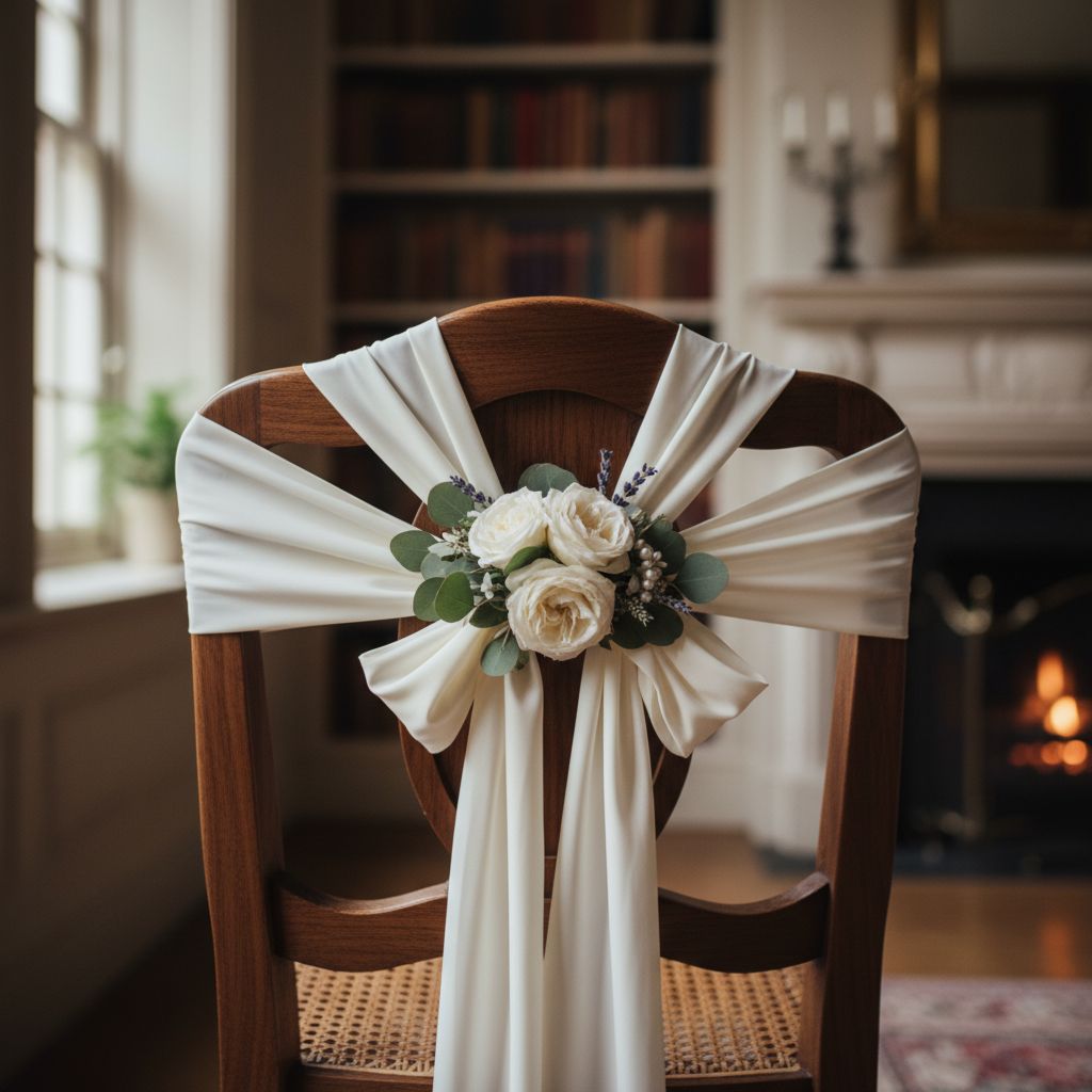 Элегантный декор стула с помощью цветочной композиции и шелковой ленты для создания уникальной атмосферы на мероприятии.