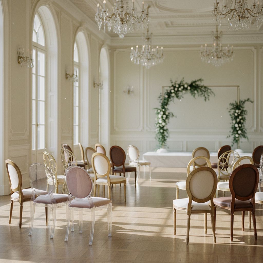 Разнообразие видов стульев для мероприятий, от элегантных Кьявари до современных прозрачных моделей, демонстрирует варианты выбора.