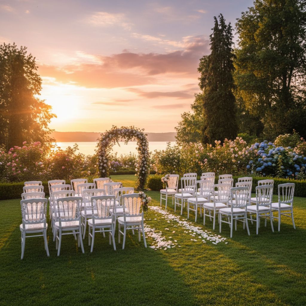 Ряд элегантных белых стульев, подготовленных для выездного мероприятия, демонстрирует важность правильного выбора мебели в аренду.