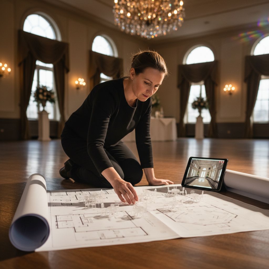 Процесс планирования рассадки гостей и выбора столов для крупного мероприятия на чертеже.