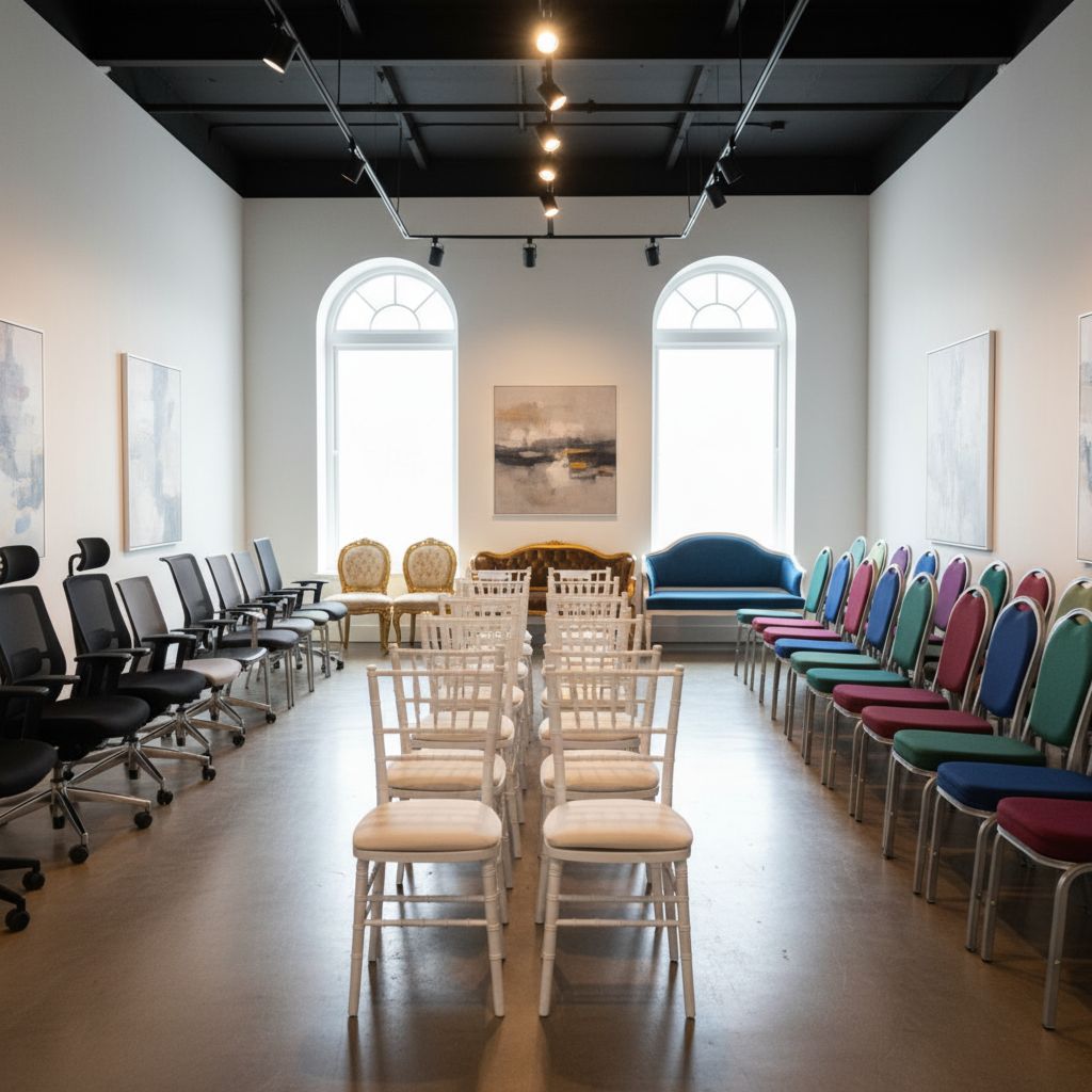 Разные типы стульев, подготовленные в аренду для мероприятий, отражают уникальные потребности корпоративных и частных клиентов.