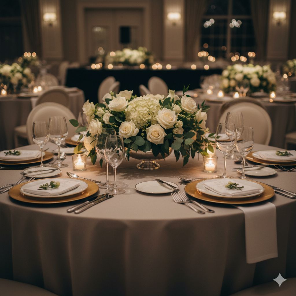 Элегантный декор банкетного стола: высокая цветочная композиция, качественная скатерть и сервировка.