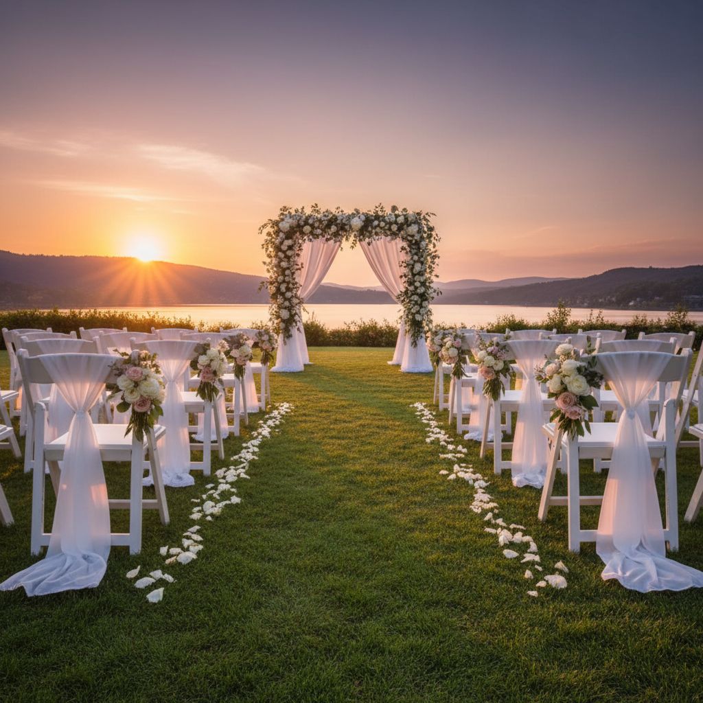 Элегантное оформление и продуманная расстановка стульев для свадебной церемонии на открытом воздухе.