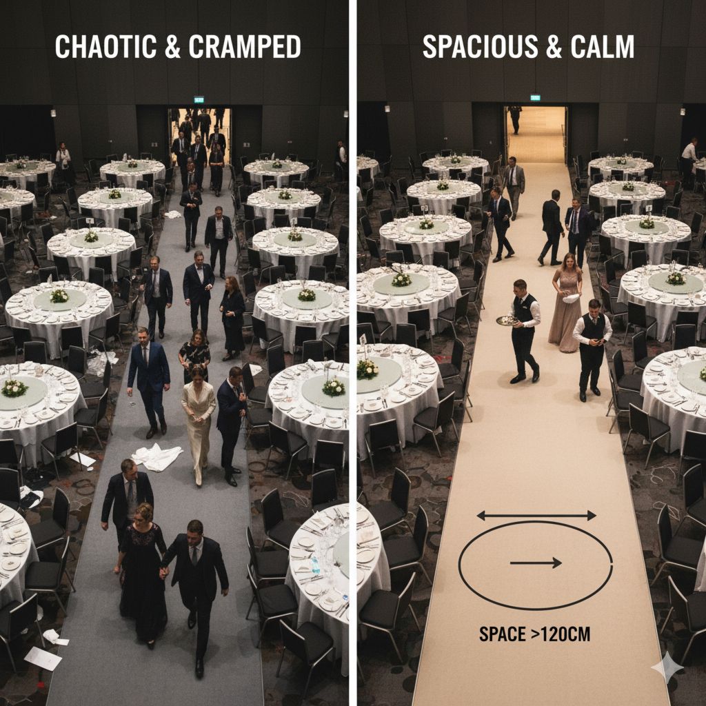 Сравнение: Частая ошибка (теснота и перегрузка зала) и Правильное решение (комфортные проходы).