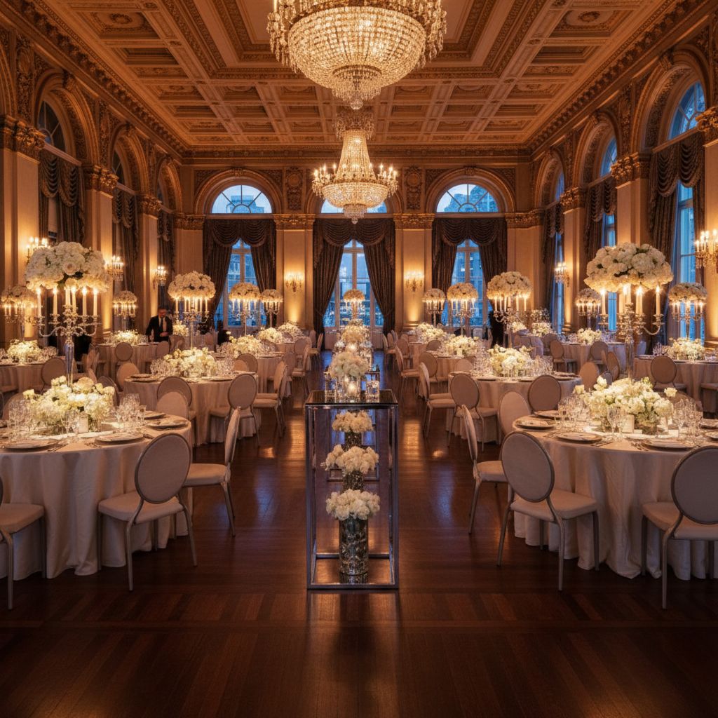 Разнообразные типы столов для мероприятий в аренду: круглые банкетные и высокие коктейльные столы в элегантно оформленном зале.